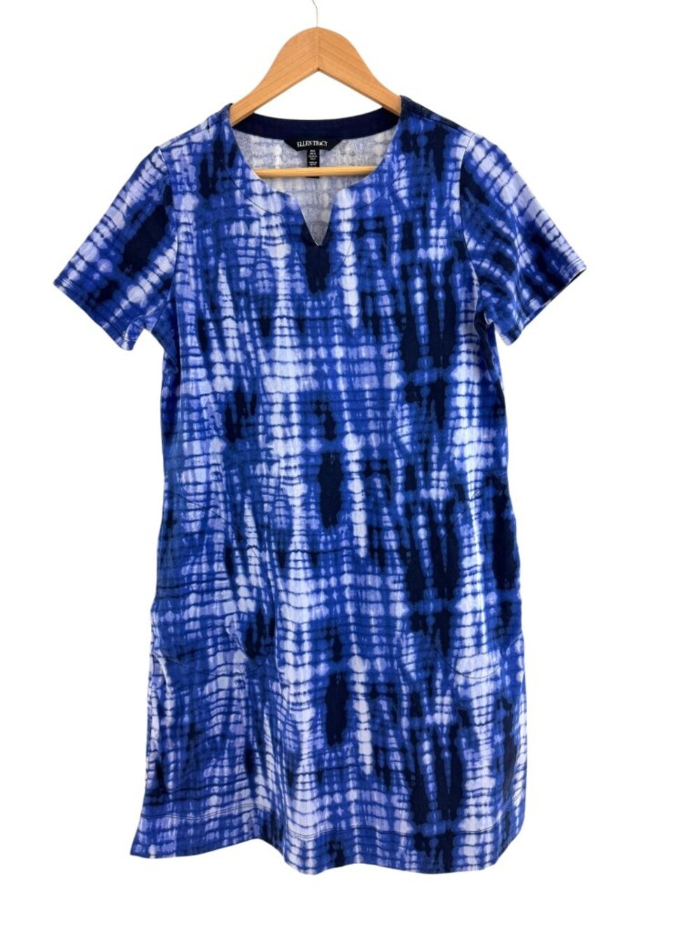 Ellen Tracy Indigo Tie-Dye Pima Cotton Shift Dress w/Pockets Size M Short Sleeve